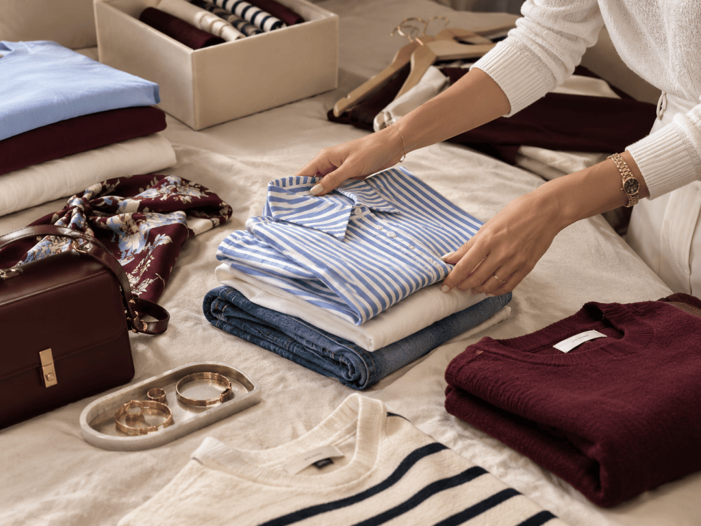 Sophisticated editorial photo of a stylist's hands folding a soft beige cashmere sweater on a linen surface, warm neutral tones, natural window light, minimalist calm mood, luxury personal styling atmosphere